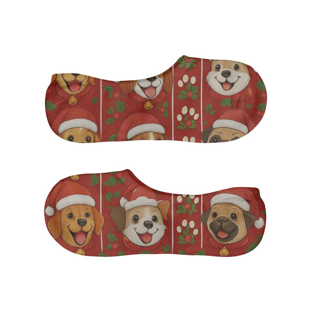 Paw Print Holly Bands With Santa Dogs On Red Background comfortable invisible socks