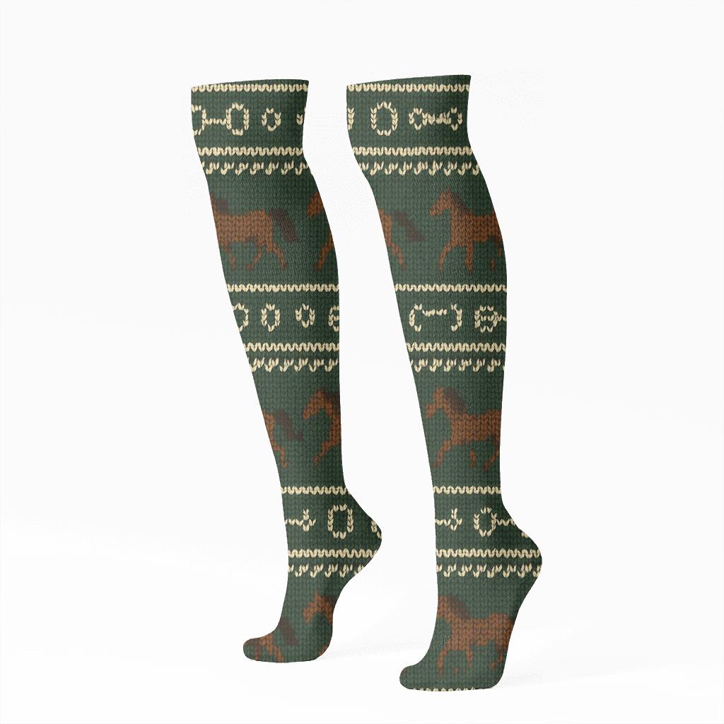 Knitted Illusion Horse Hoofprint Fair Isle designer print knee-high socks