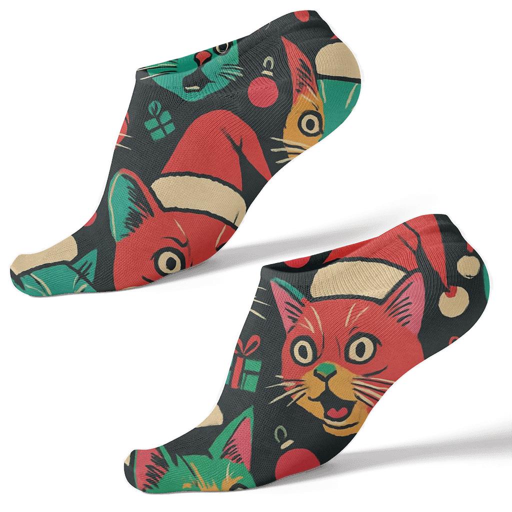Pop Art Santa Hat Cats Scatter On Charcoal Background personalized ankle socks