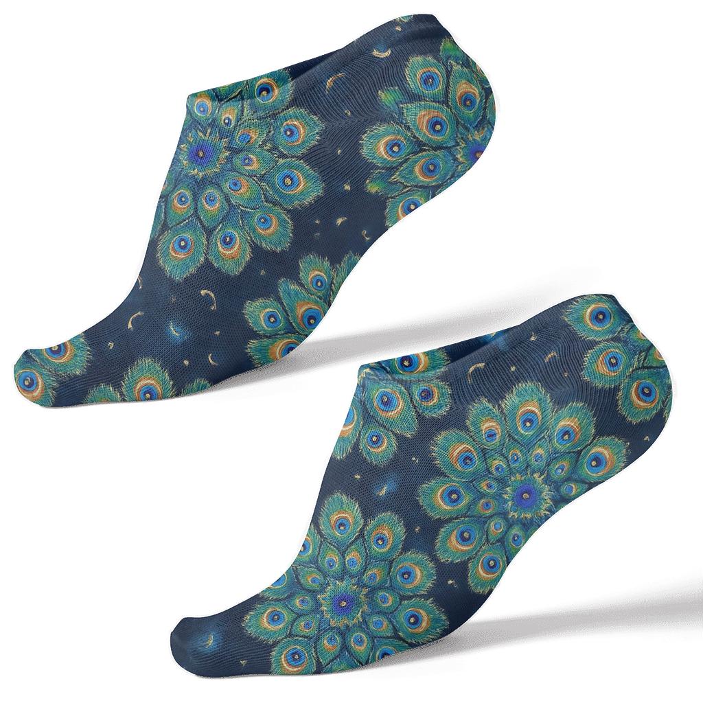 Peacock Eye Feather Radial Rosettes On Deep Navy Background custom ankle socks