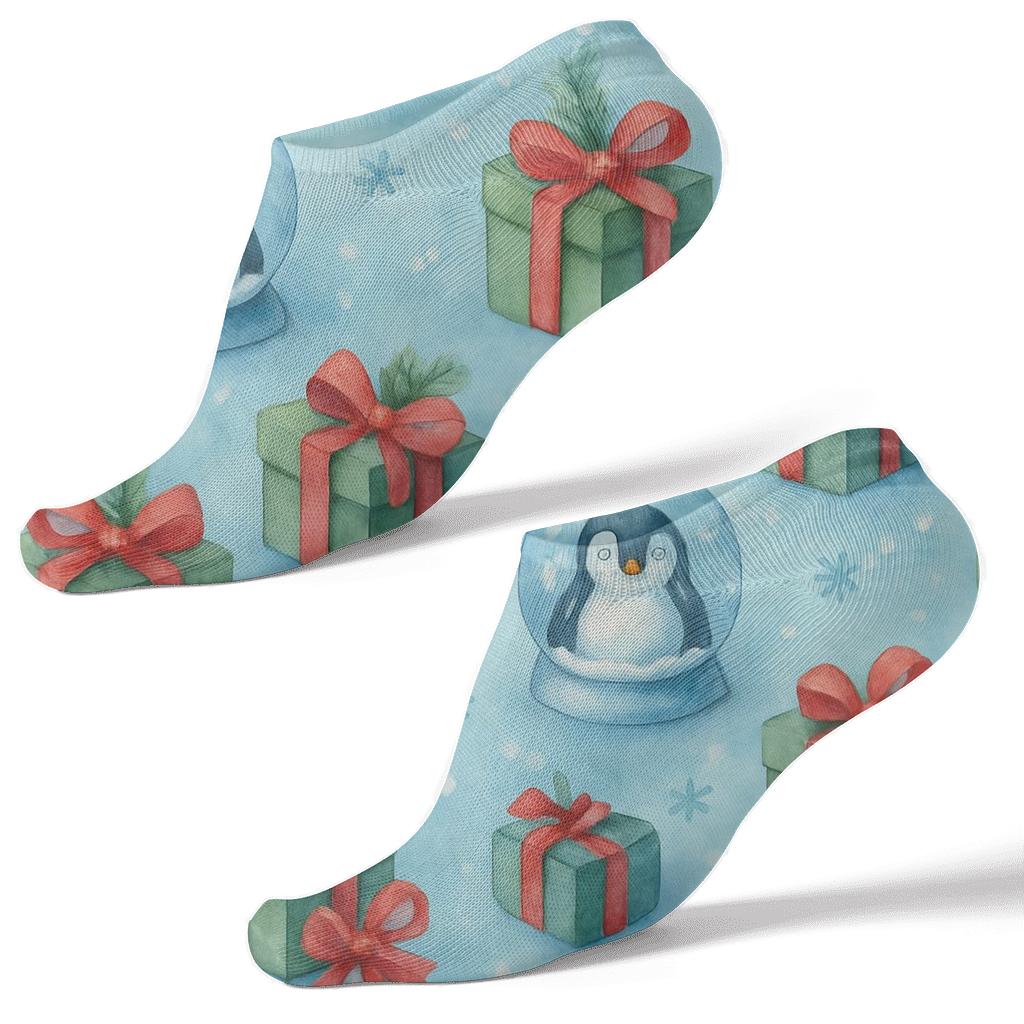 Watercolor Penguins And Snow Globe Gifts Diagonal Array On Icy Blue Background premium sports ankle socks