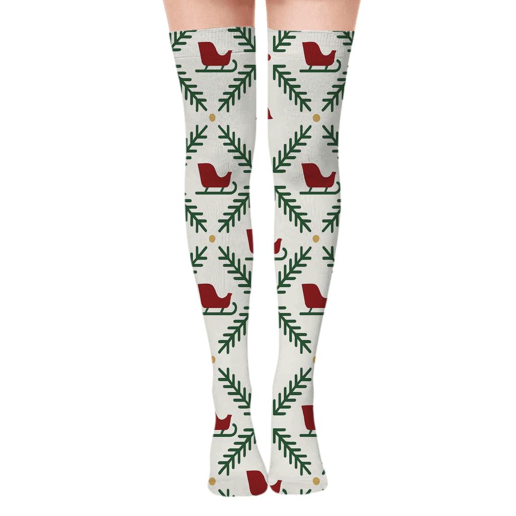 Pine Lattice With Sleigh Icons On Snowy White trendy patterned over-the-knee socks