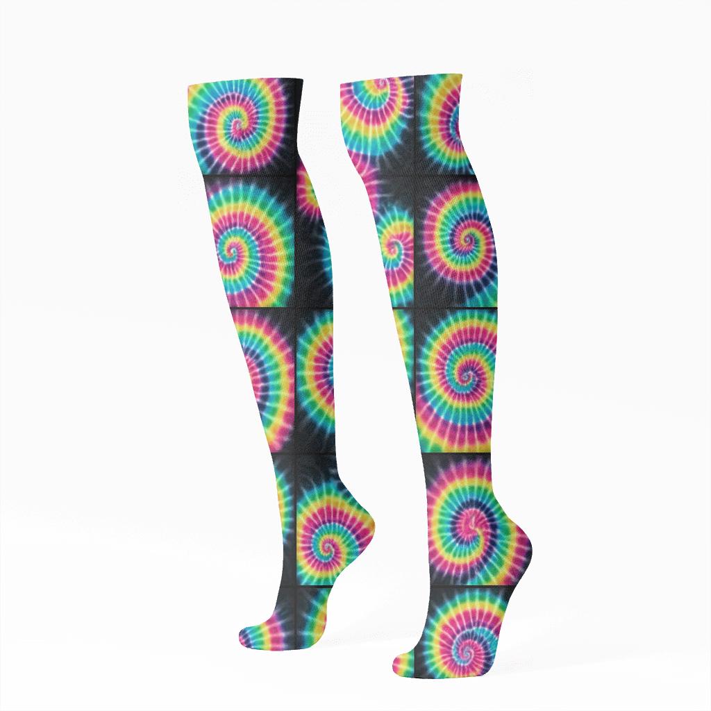 Neon Rainbow Spiral Bullseye Mosaic On Black Background premium sports knee-high socks