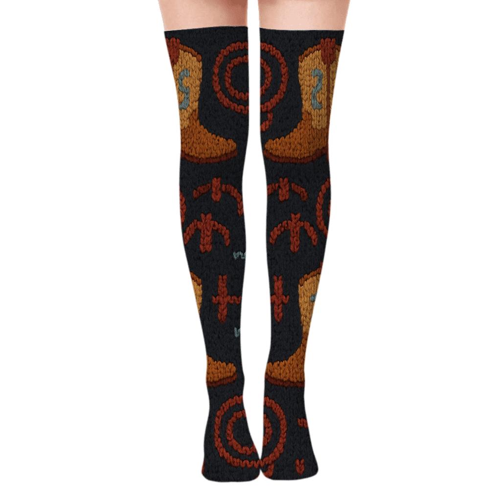 Rancher Boot And Lasso Knit Illusion Grid premium cozy over-the-knee socks