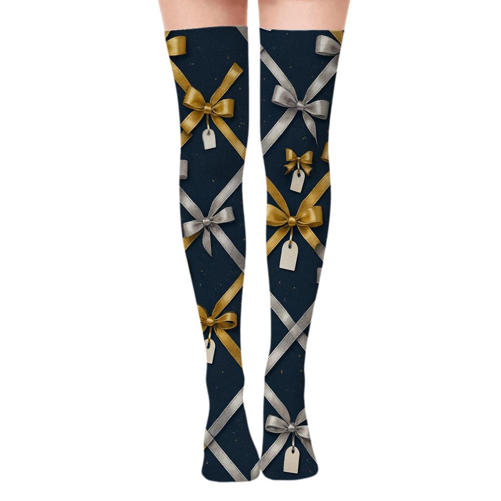 Ribbon Lattice In Presents Style designer print over-the-knee socks