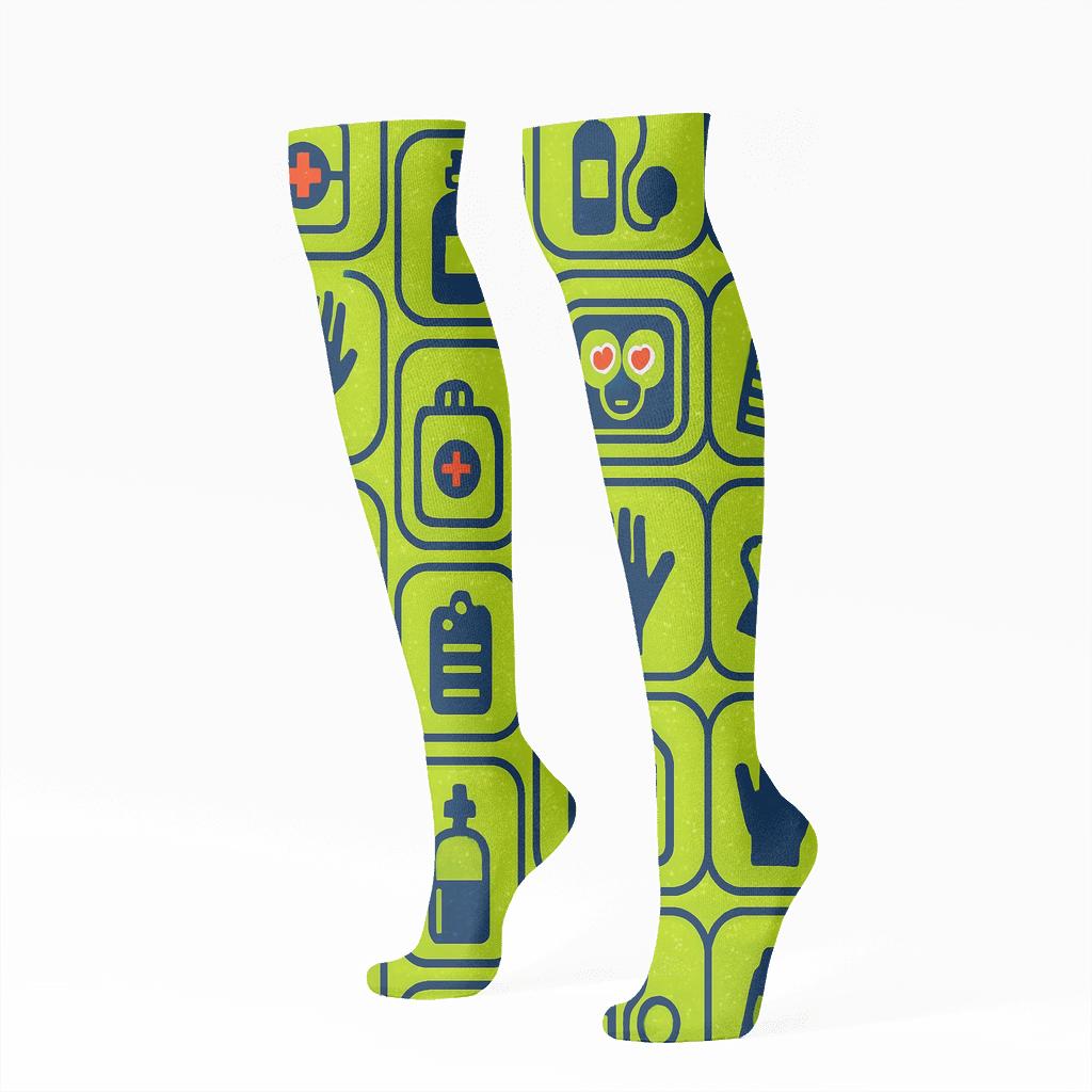 Icon Tiles With Paramedic Gear On High Visibility Lime designer print knee-high socks