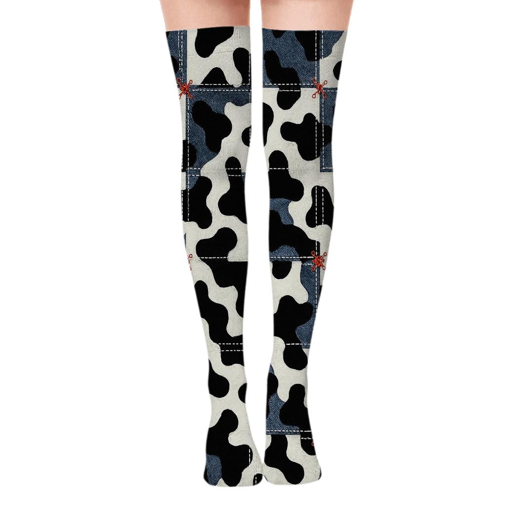Denim Patchwork Cow Spot Overlay comfortable cotton over-the-knee socks