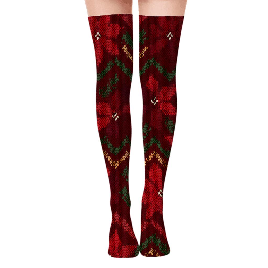 Knitted Poinsettia Star Bract Chevron On Deep Crimson designer print over-the-knee socks
