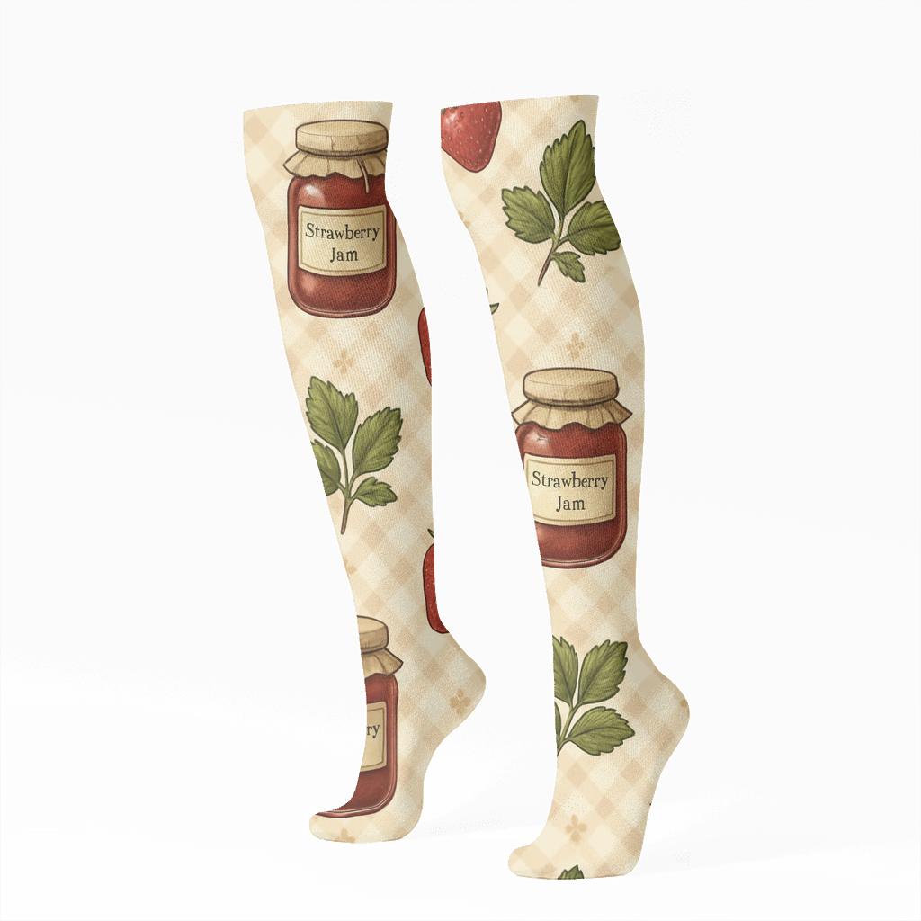 Strawberry Jam Jar Lattice On Cream Picnic Cloth premium sports knee-high socks