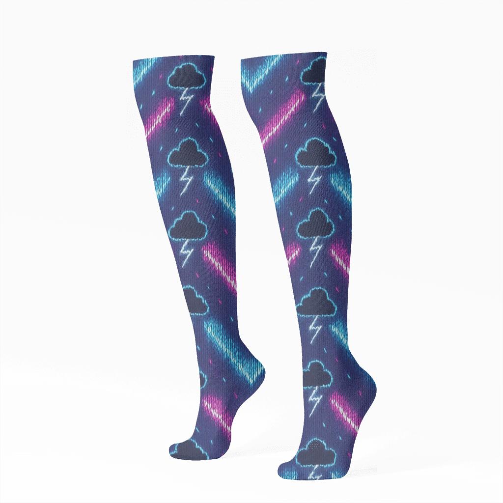 Neon Arc Chevron Bands On Indigo Field premium sports knee-high socks