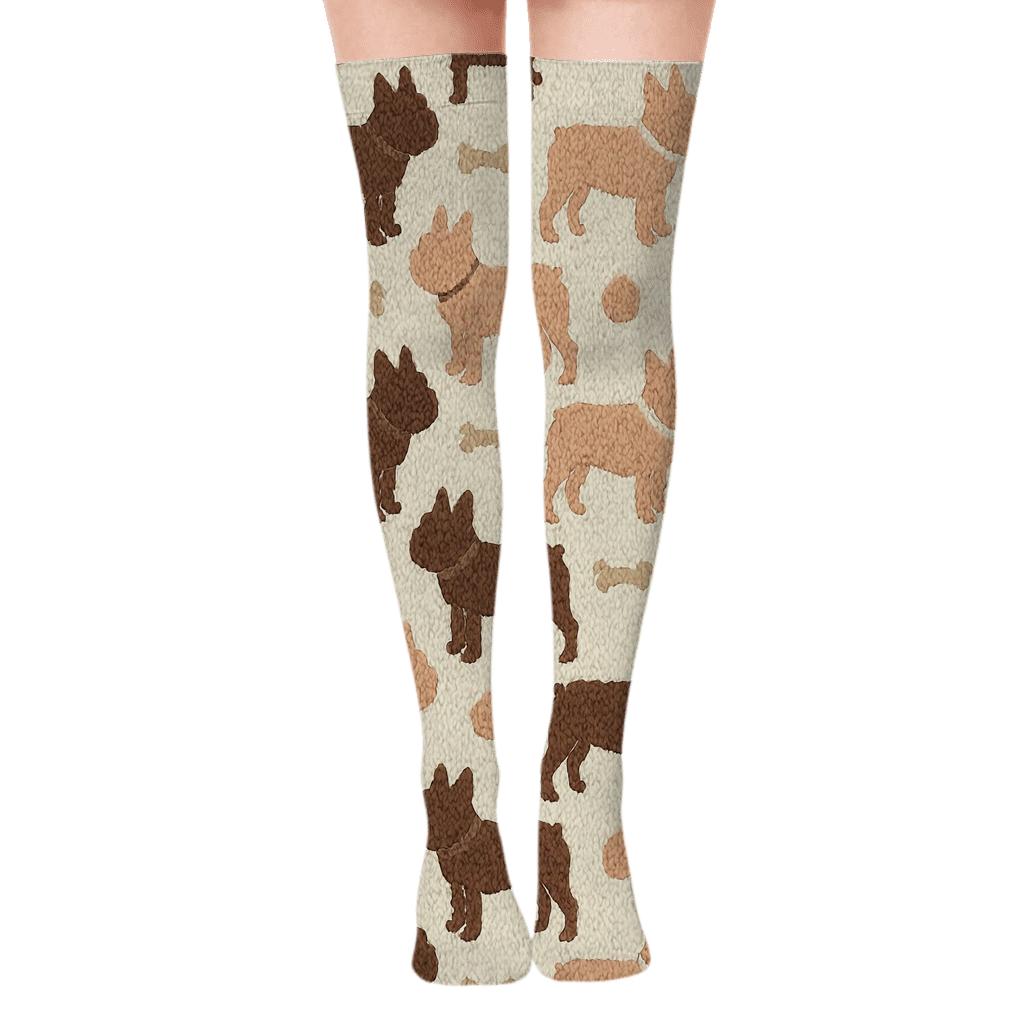 Brindle Bulldog Sweater Tile With Bones And Collars soft everyday over-the-knee socks