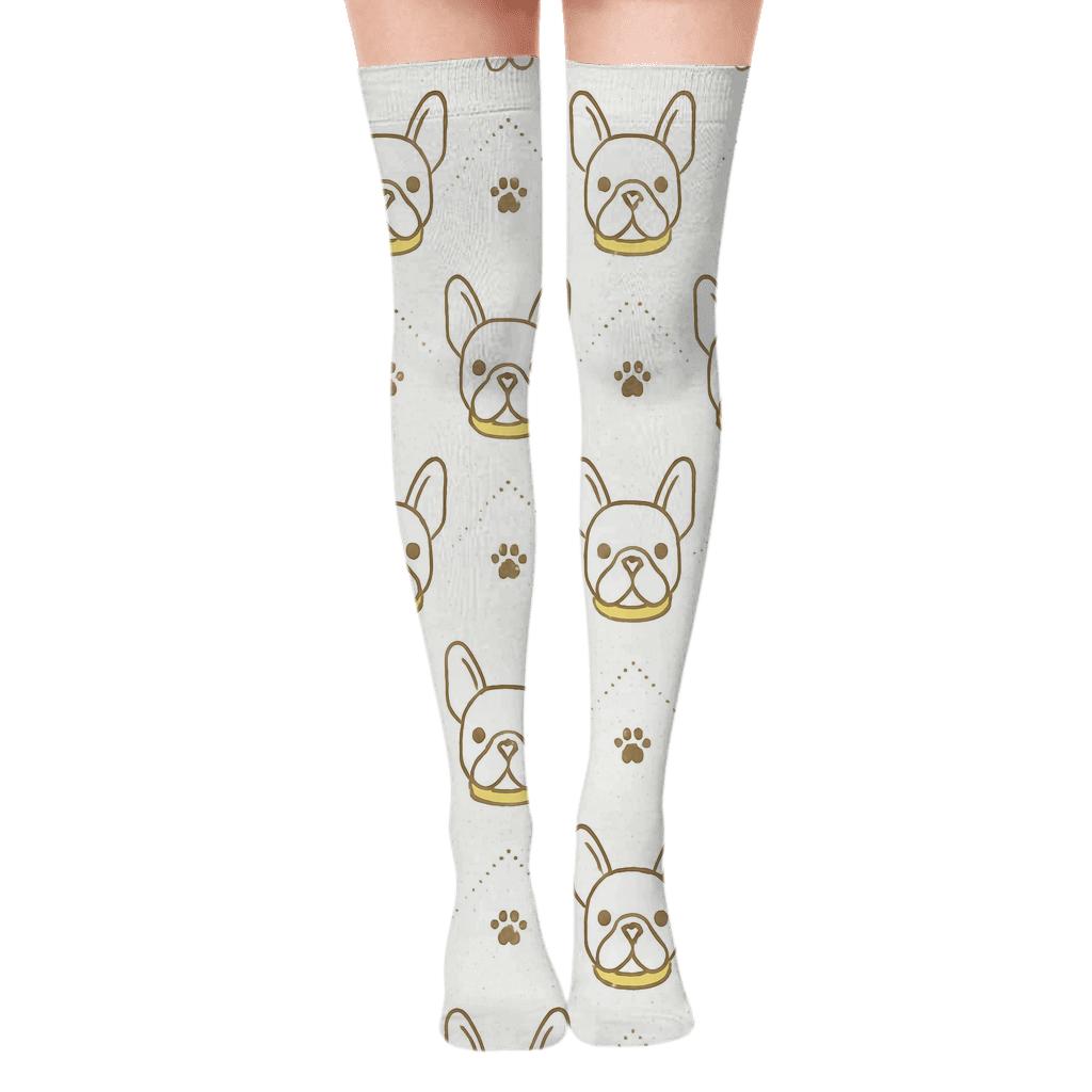 Minimal Bulldog Face Dot Grid With Paw Print Chevron premium cozy over-the-knee socks