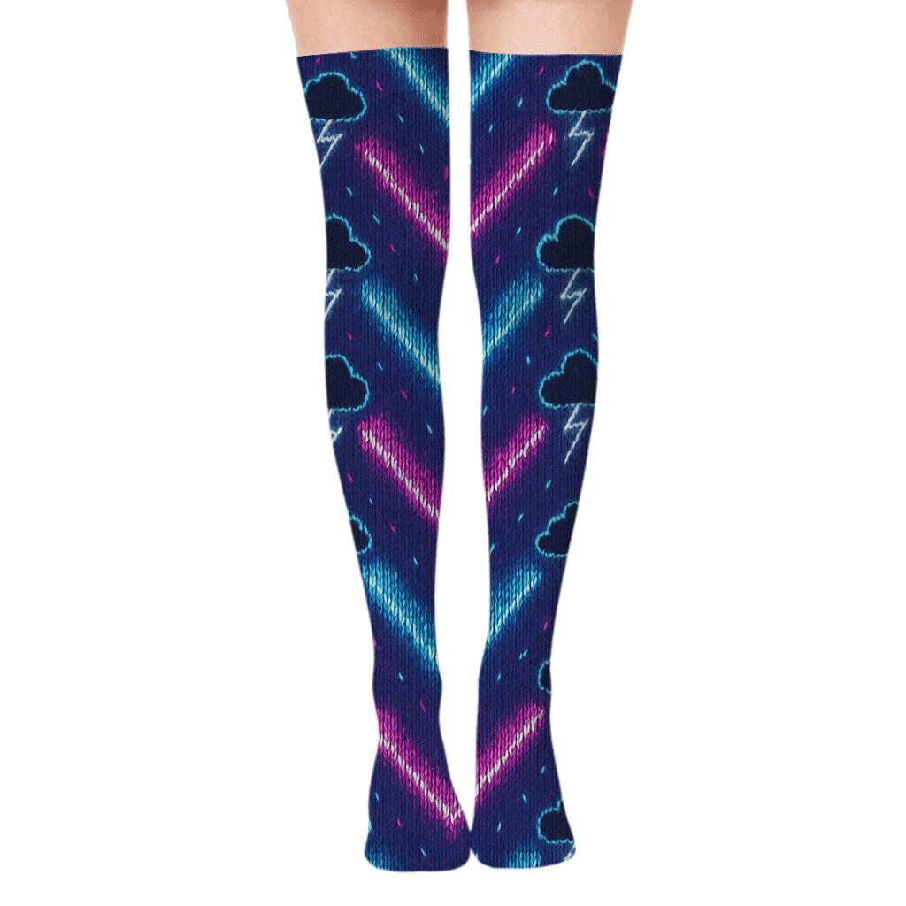 Neon Arc Chevron Bands On Indigo Field custom over-the-knee socks
