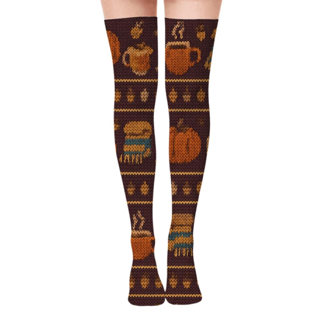 Knitted Pumpkin Mug Fair Isle On Deep Plum Background trendy patterned over-the-knee socks