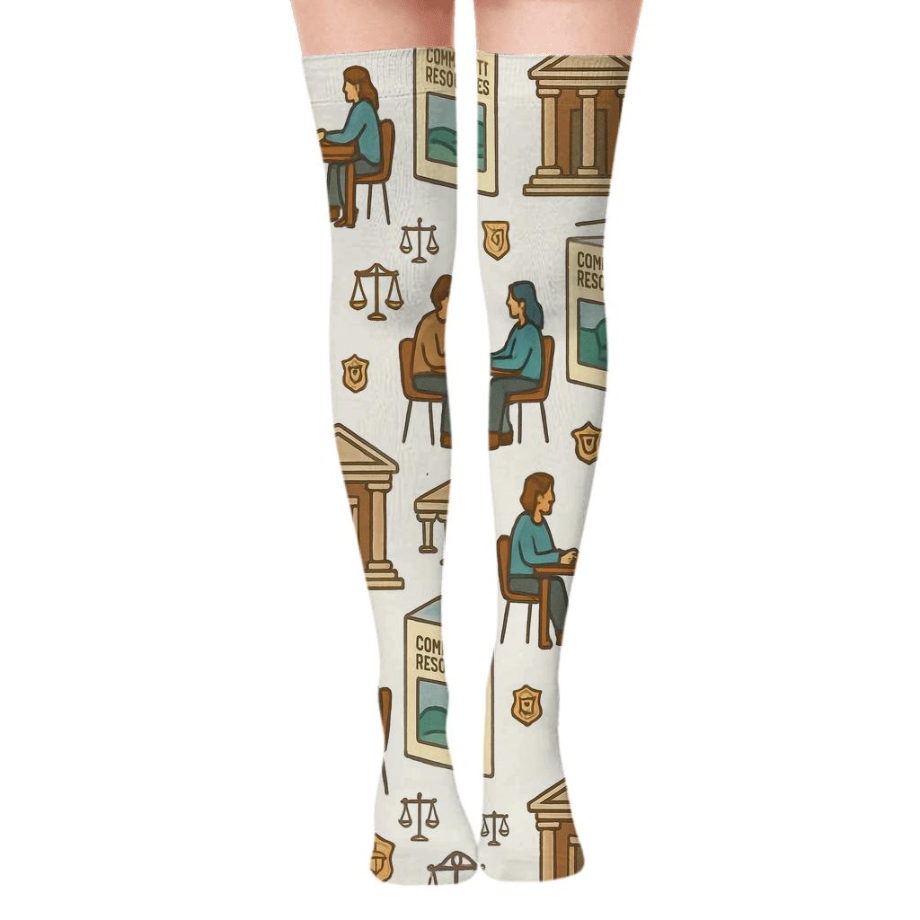 Community Service Collage With Probation Officer Support Repeat designer print over-the-knee socks