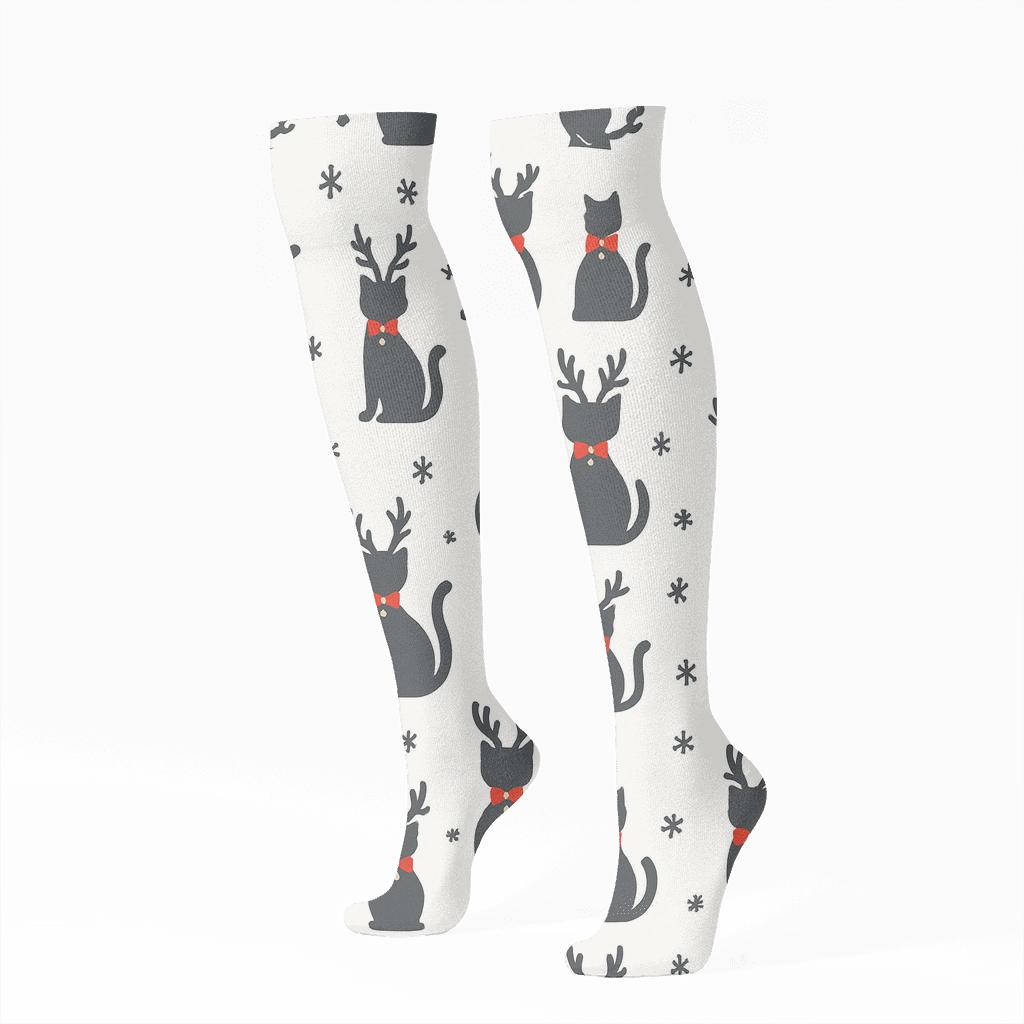 Minimalist Reindeer Cat Silhouettes Grid On White Background designer print knee-high socks