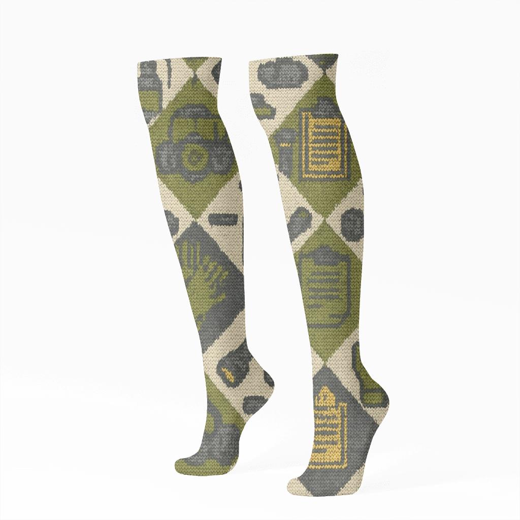 Knitwork Charcoal And Olive Pest Control Technician Tool Tiling designer print knee-high socks