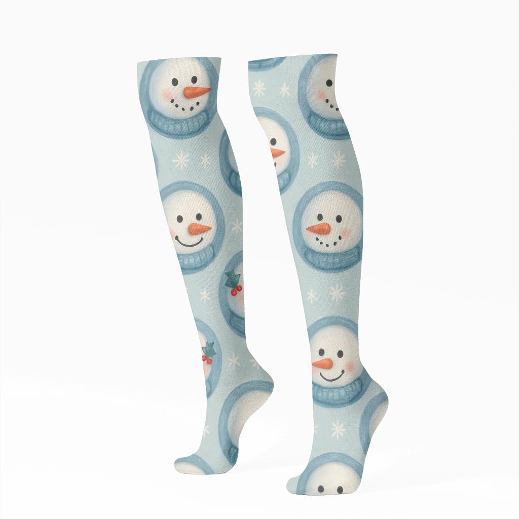 Xmas Snowman Medallions On Icy Blue Field trendy patterned knee-high socks