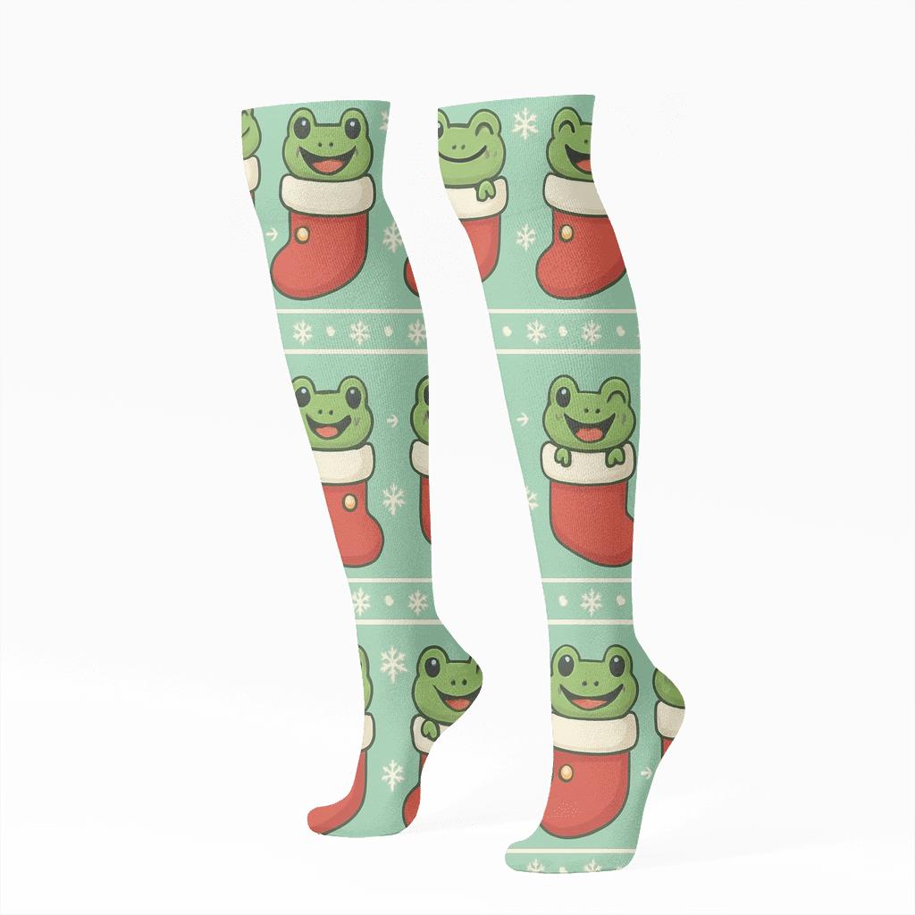 Cartoon Frog Stocking Stripe Bands On Mint Background personalized knee-high socks