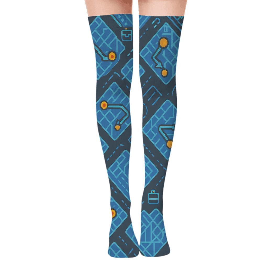 City Map Lattice With Courier Routes trendy patterned over-the-knee socks