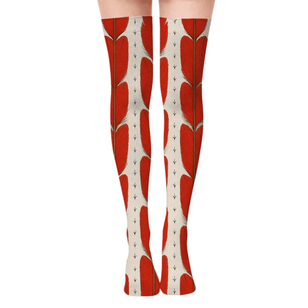 Cardinal Feather Ladder Stripes On Winter White stylish fashion over-the-knee socks