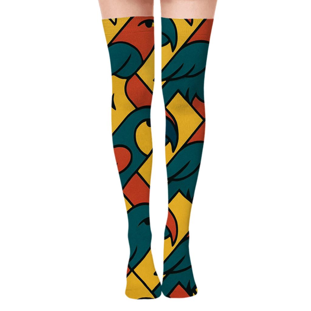 Parrot Beak Chevron Mosaic On Sunny Yellow designer print over-the-knee socks