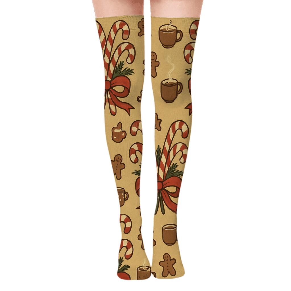 Vintage Poster Candy Canes Ribbon Crest soft everyday over-the-knee socks