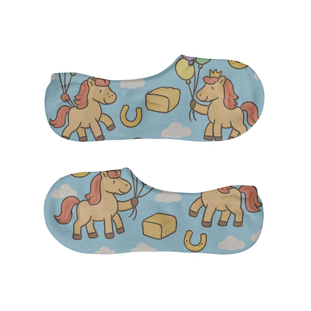 Pasture Party Balloons With Pony On Pastel Blue Grid designer print no-show socks