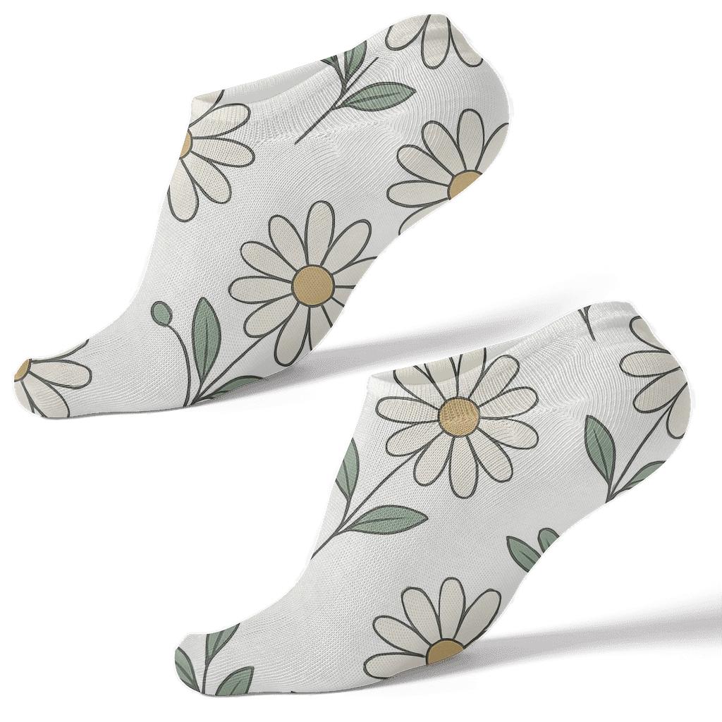 Cream Daisy And Sage Leaf Lattice On White Background premium sports ankle socks
