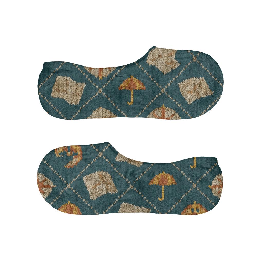 Knitted Tour Guide Compass Lattice On Teal anti-slip no-show socks