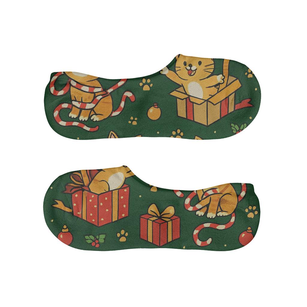 Candy Cane Cat Chaos Collage On Evergreen Background soft cotton no-show socks