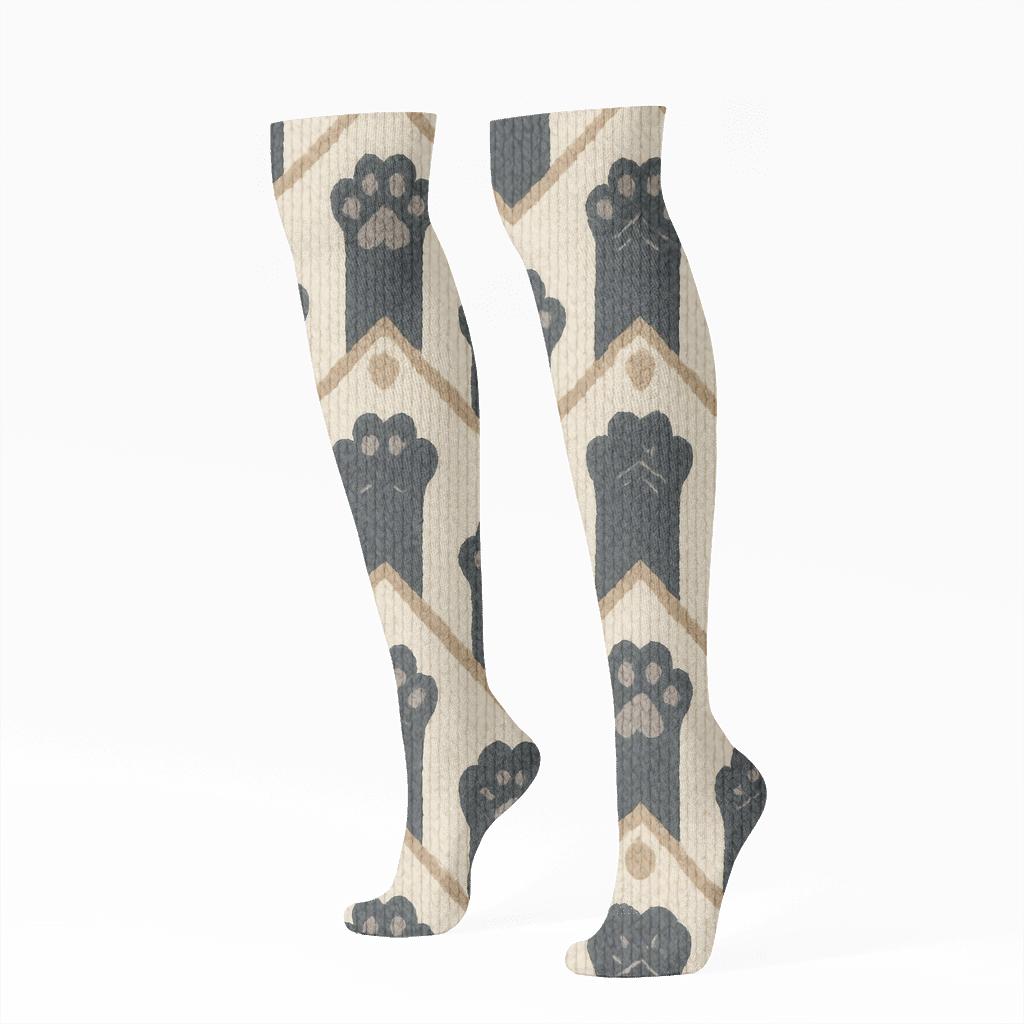 Knitted Illusion Cat Paw Chevron On Warm Cream premium sports knee-high socks