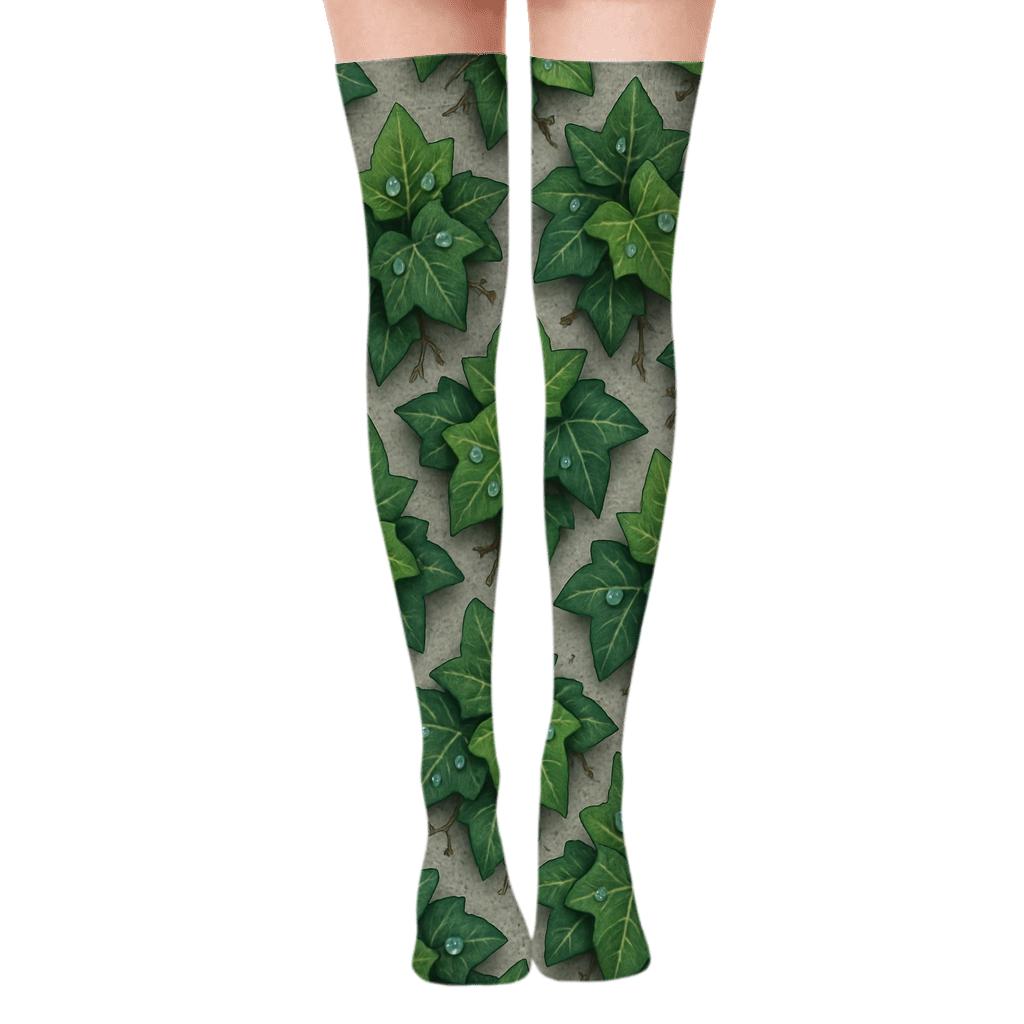 Dewdrop Ivy Orbit Tiles On Stone Gray trendy patterned over-the-knee socks