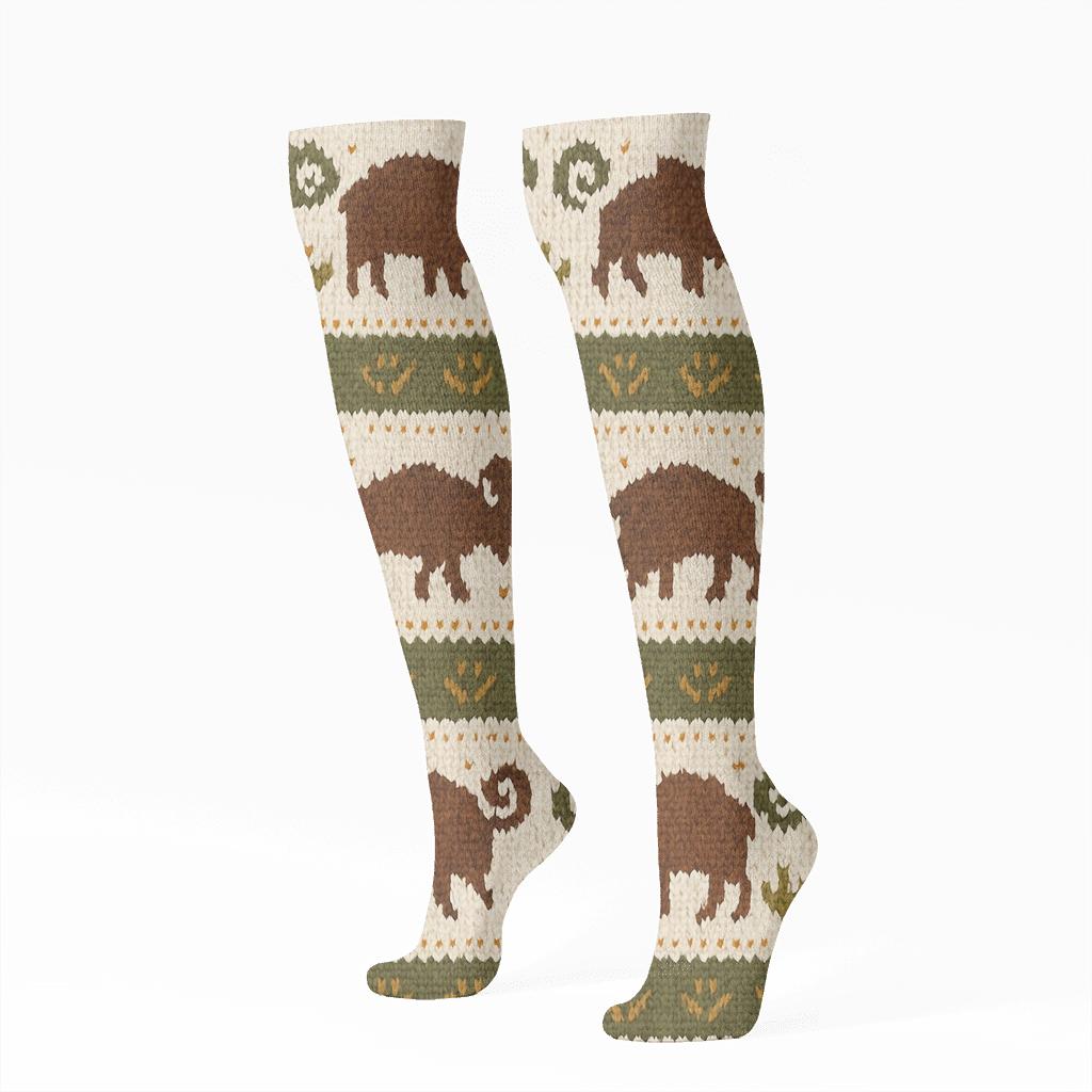 Knitted Prairie Bands With Bison Motifs comfortable cotton knee-high socks