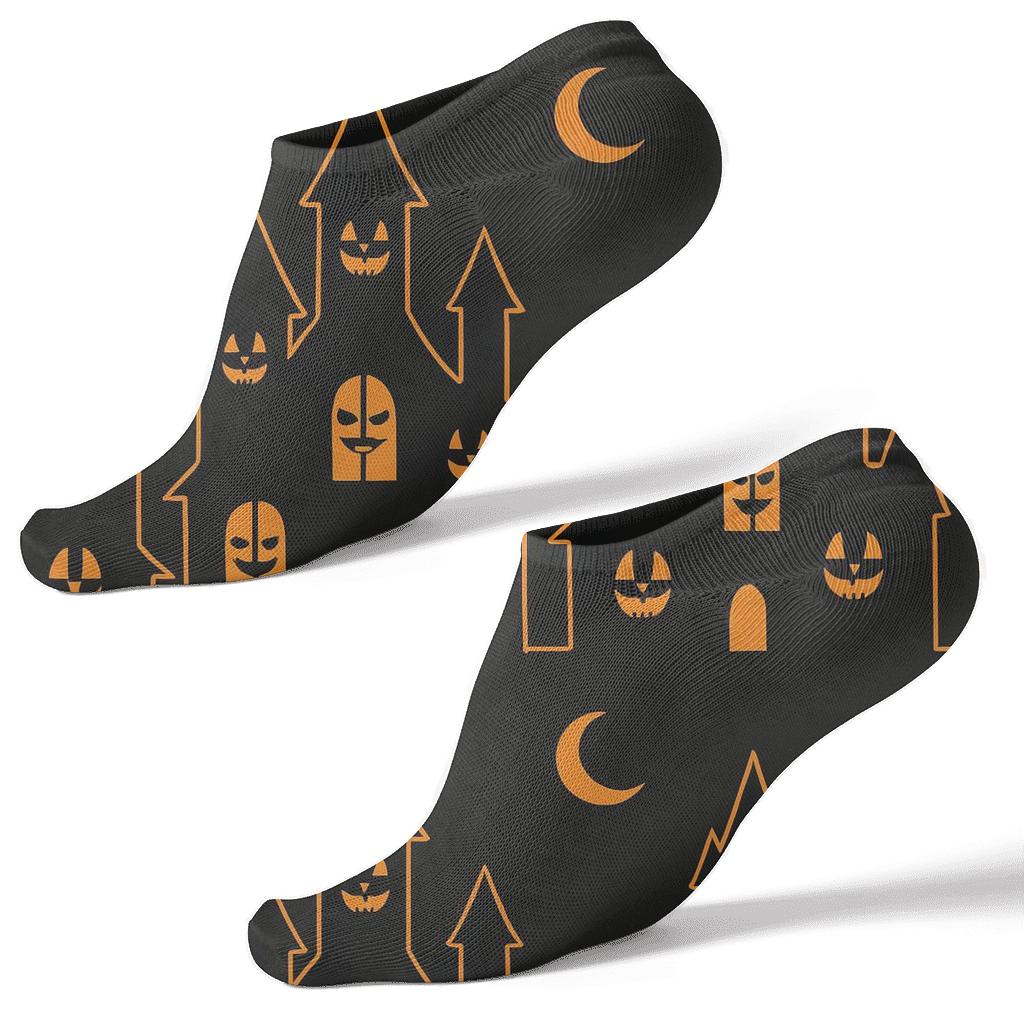 Haunted House Silhouette Frieze With Pumpkin Windows On Black Background personalized ankle socks