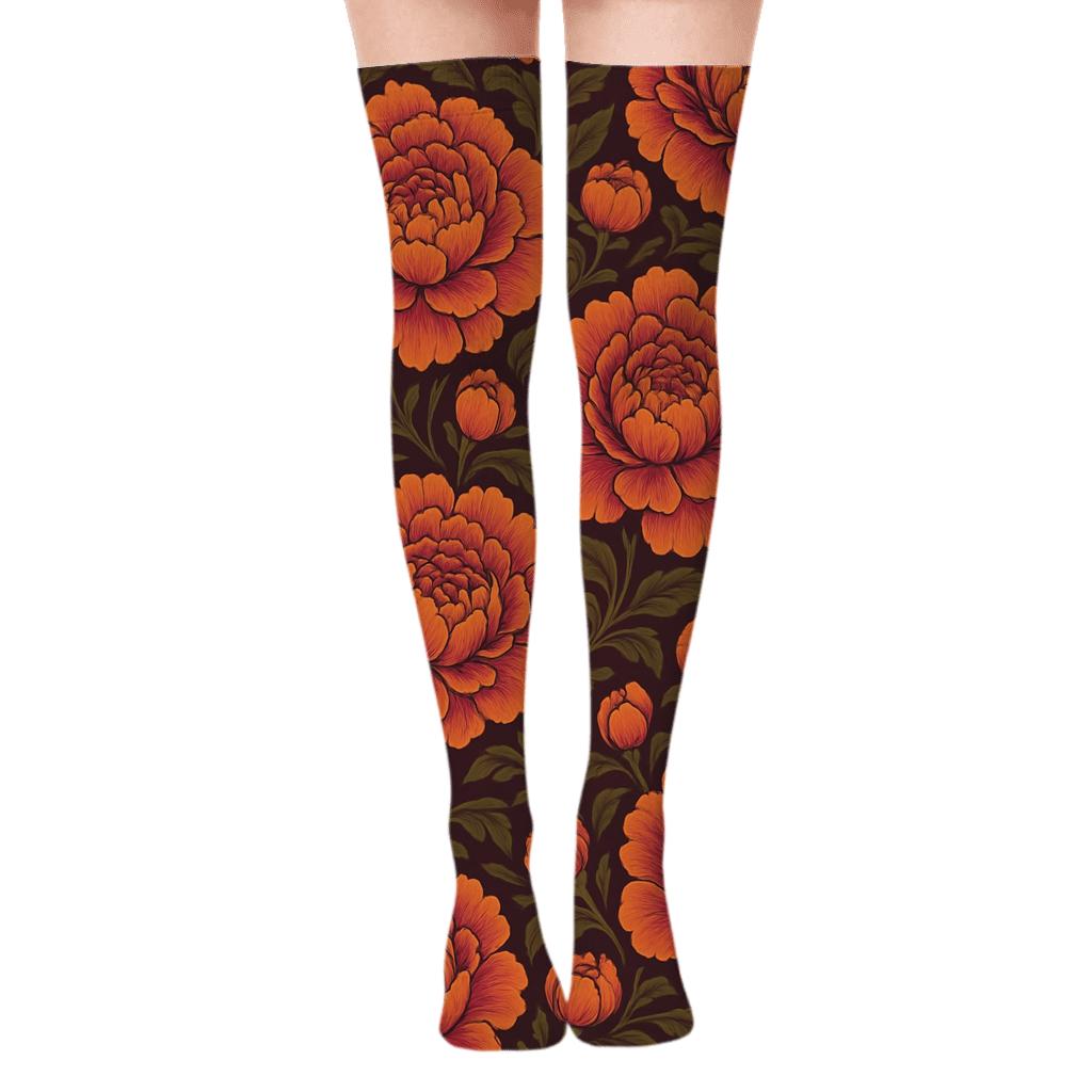 Sunset Peony Medallion Tessellation on Deep Plum Background Over-the-Knee Socks