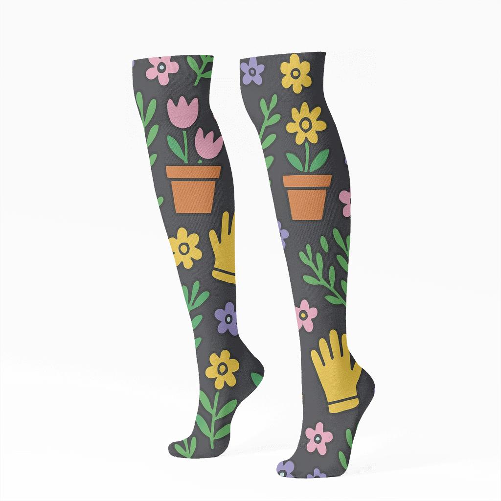 Flower Pots And Gloves Grid With Gardener Charm soft everyday knee-high socks