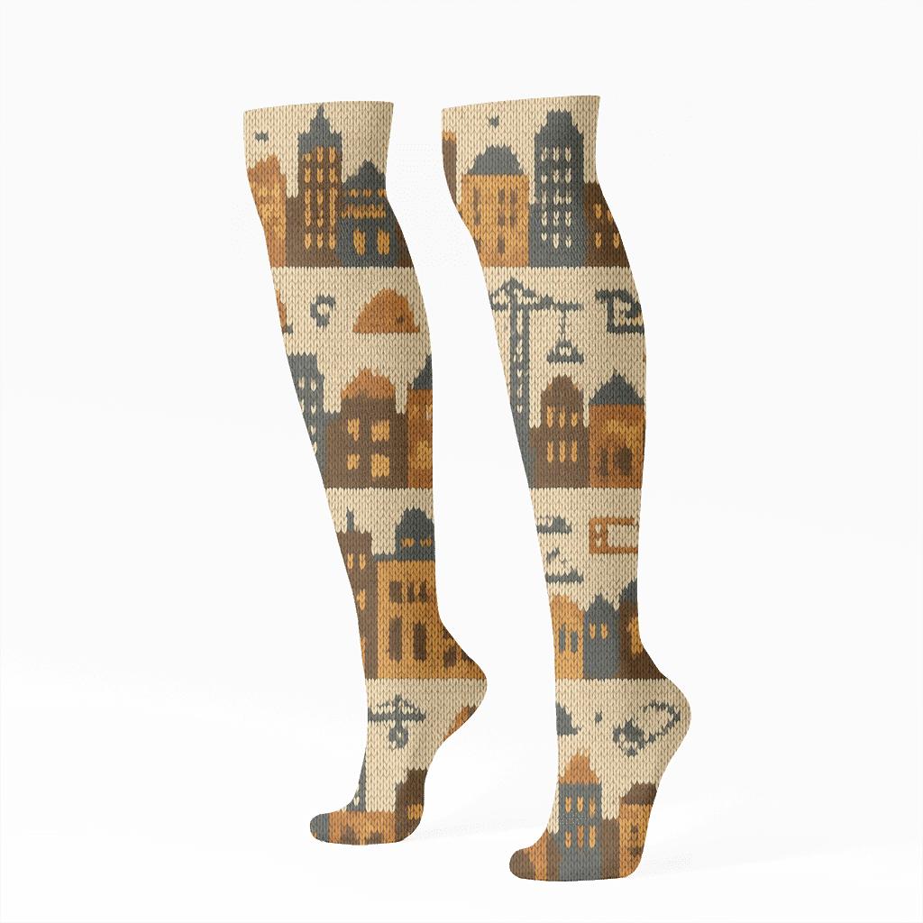 Knitted City Skyline, Architect Crafted trendy patterned knee-high socks