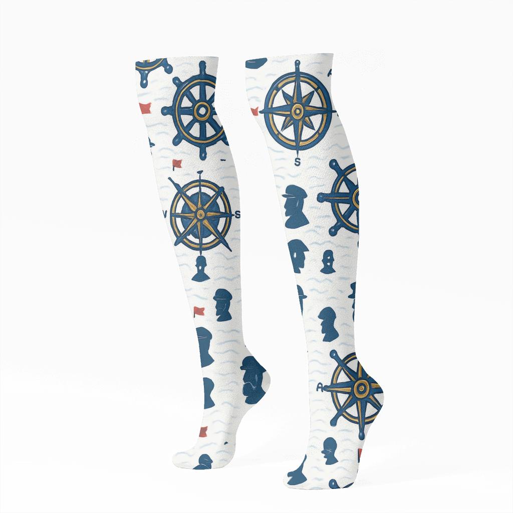 Compass And Helm Lattice With Ship Captain Cameos personalized knee-high socks