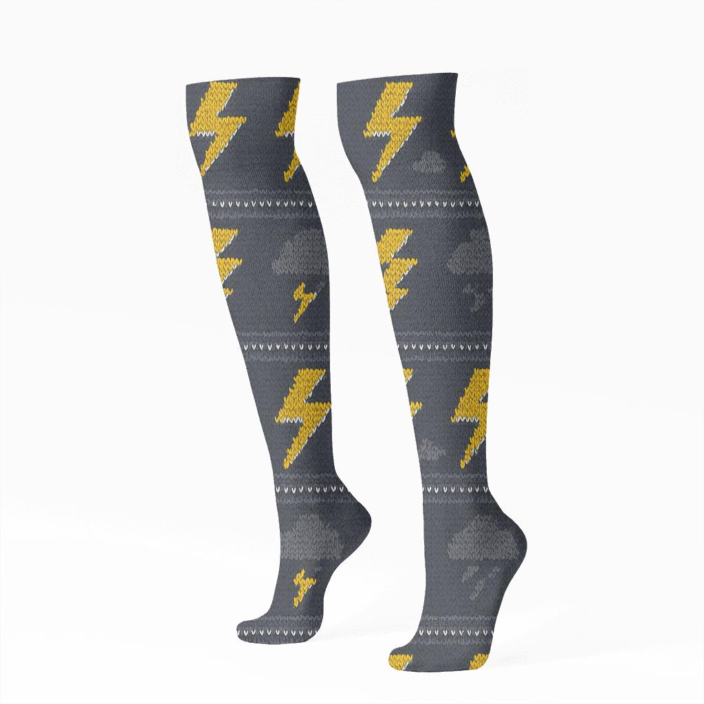 Knitted Zigzag Bolt Bands On Storm Gray stylish athletic knee-high socks