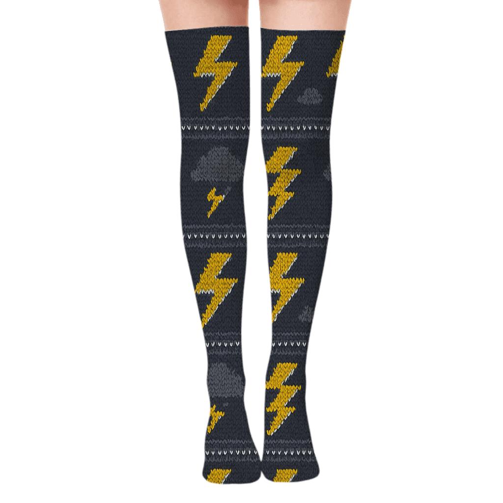 Knitted Zigzag Bolt Bands On Storm Gray premium cozy over-the-knee socks