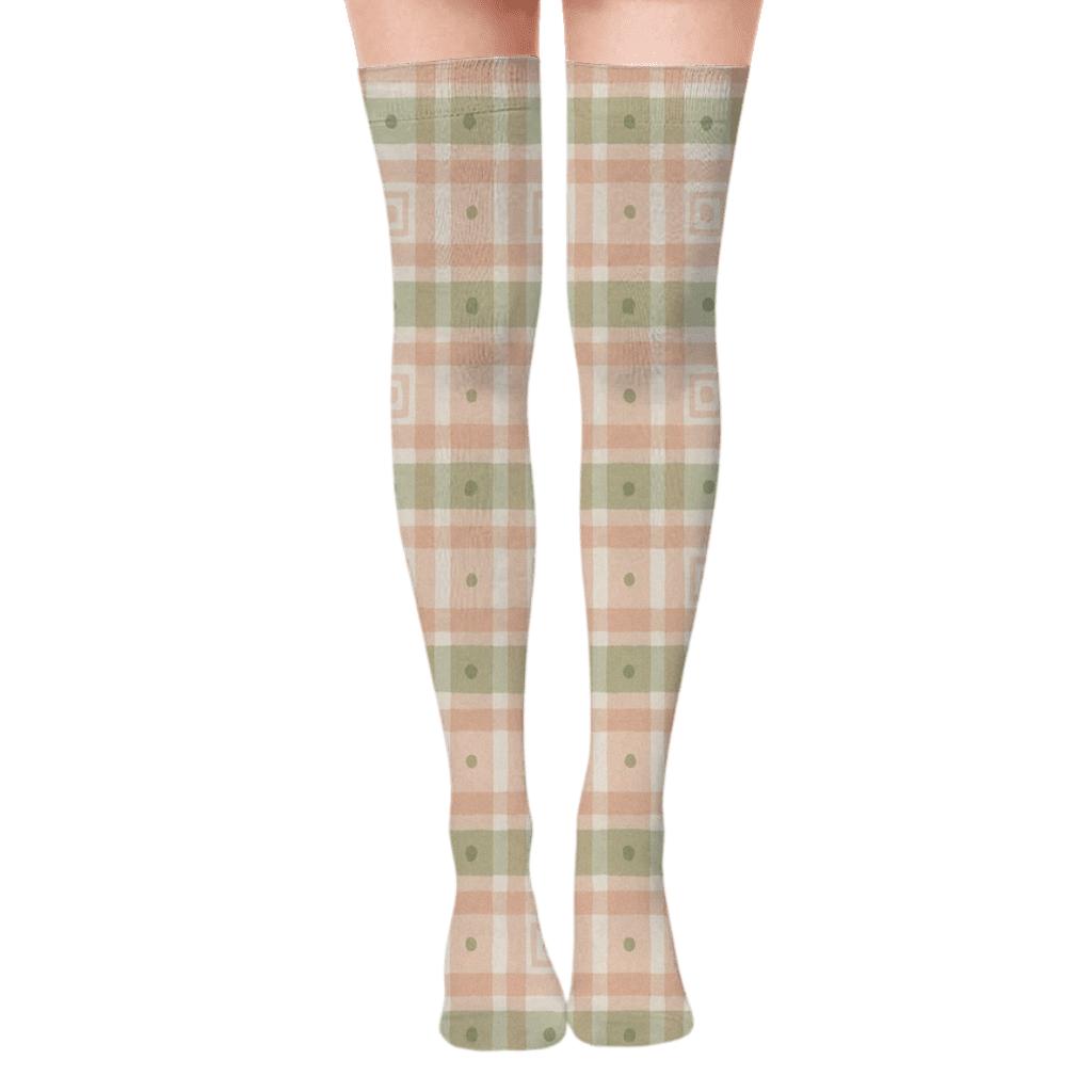 Blush And Sage Painted Gingham Grid With Concentric Square Insets On Warm White Background trendy patterned over-the-knee socks