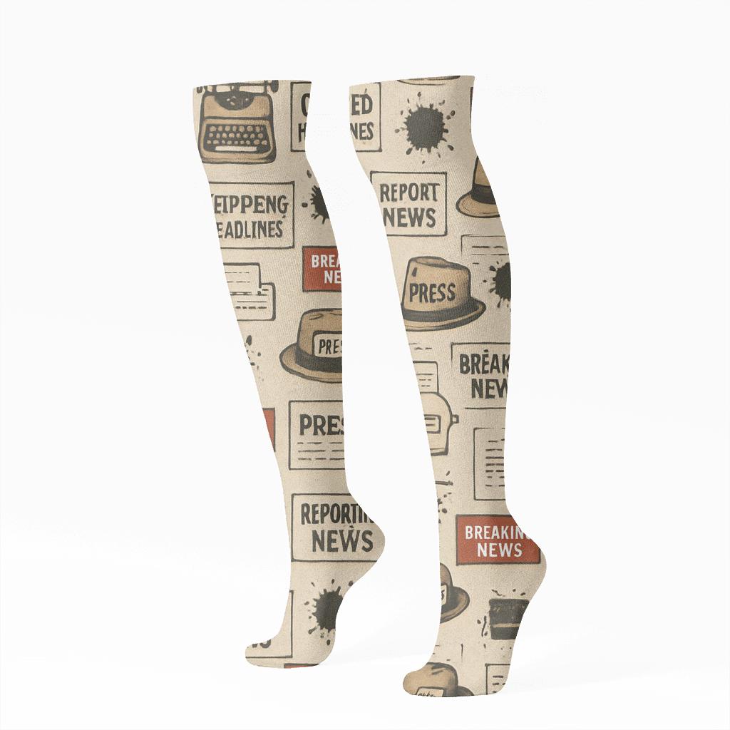 Vintage Newsprint Poster Look, Journalist Grid custom knee-high socks