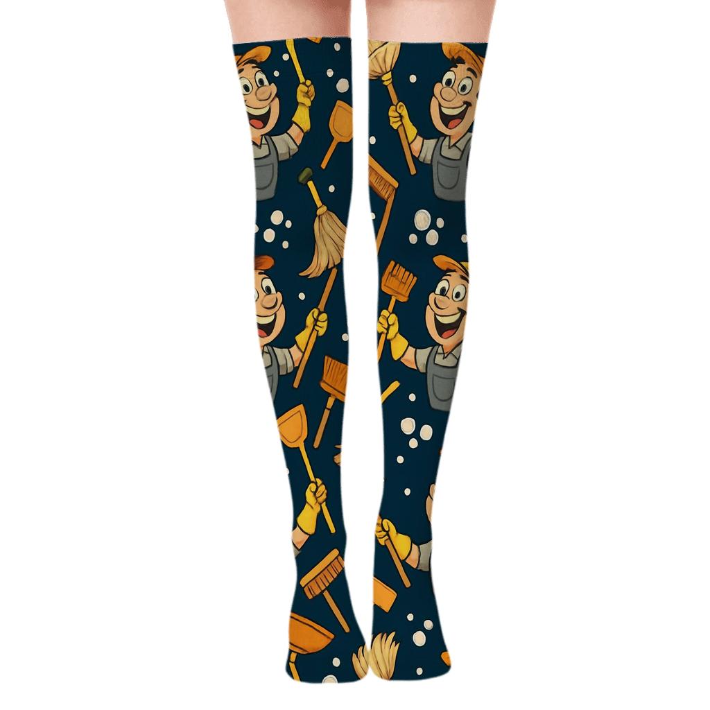 Janitor Juggle Parade On Midnight Navy personalized over-the-knee socks