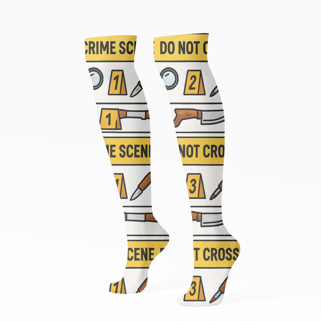 Evidence Tape Bands, Crime Scene Investigator designer print knee-high socks
