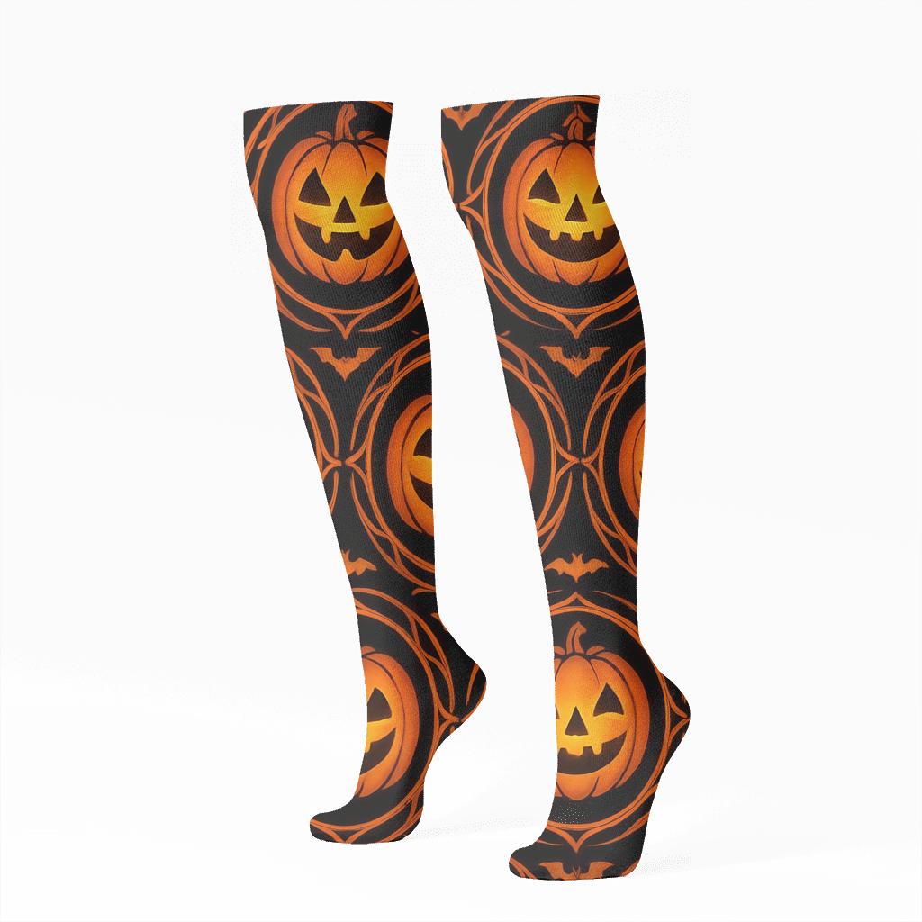 Glowing Jack O Lantern Rosette Tiles On Black Background unique graphic knee-high socks