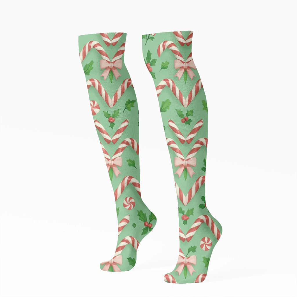 Candy Canes And Ribbon Bow Chevron On Mint Green Field custom knee-high socks