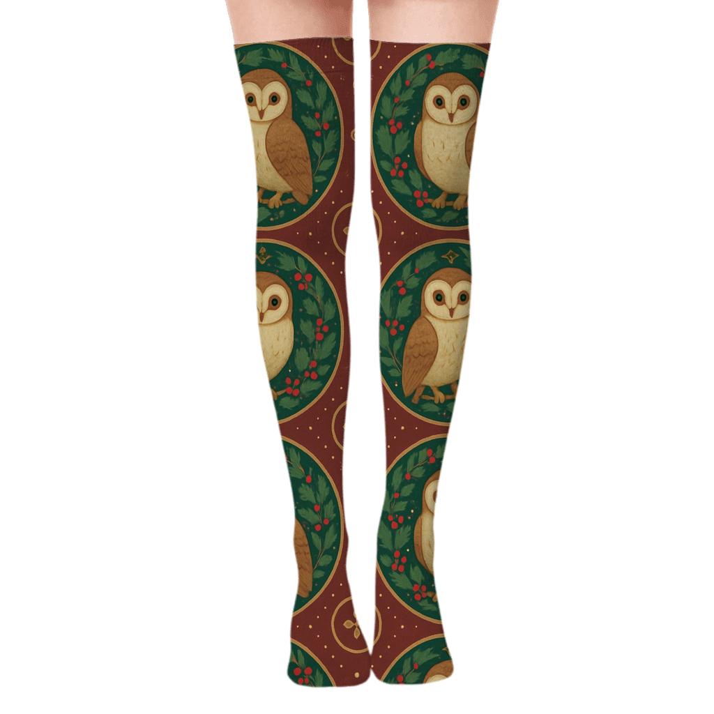 Holly Wreath Owl Medallion Grid On Burgundy Background premium cozy over-the-knee socks