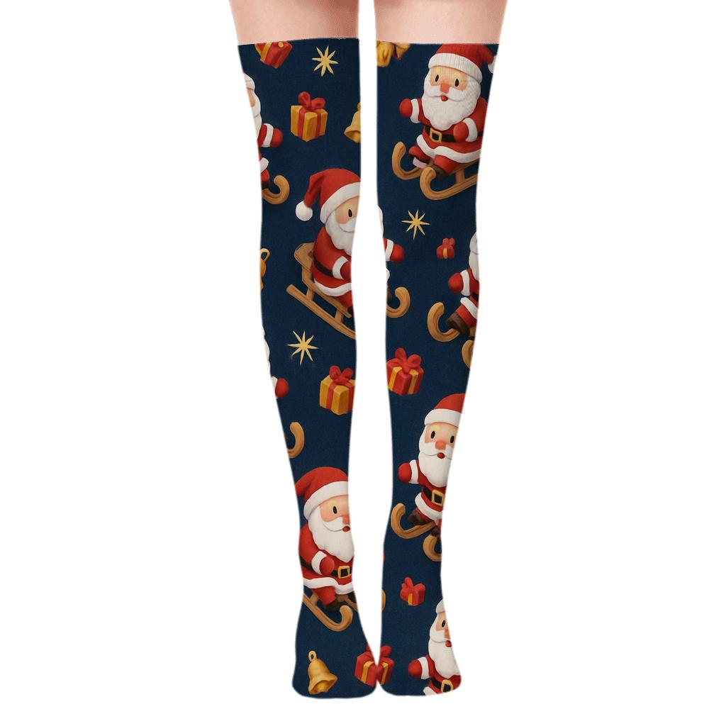 Santa With Sleigh Holiday Scatter On Navy Background designer print over-the-knee socks