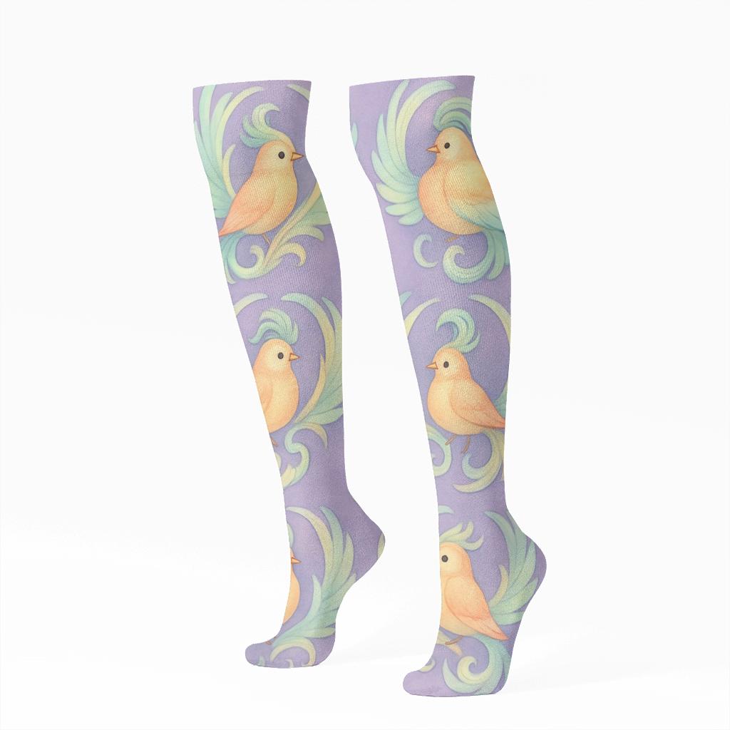Fantasy Songbird Crest Medallions On Lavender Background designer print knee-high socks